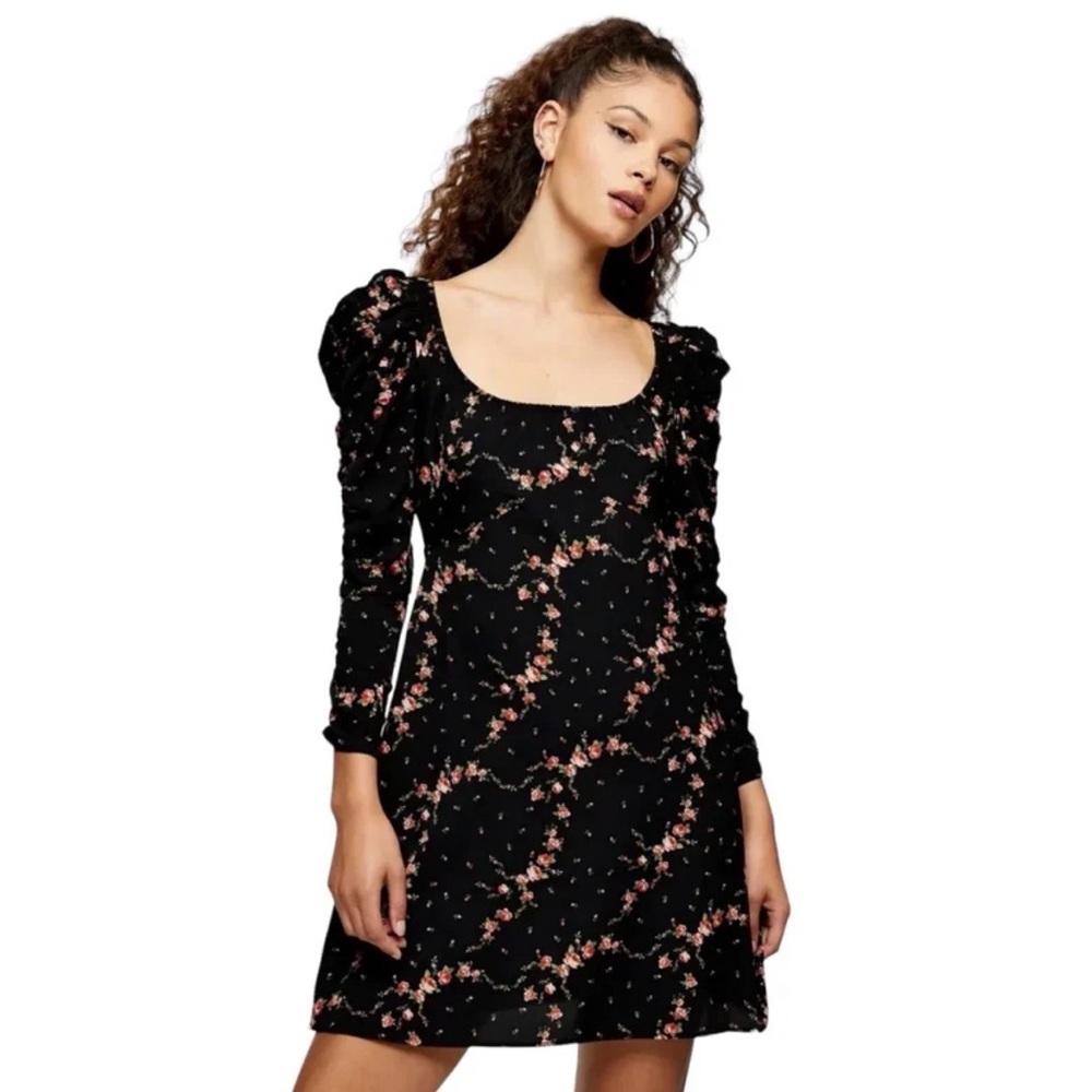 Topshop Black Floral Pink Ruched Long Sleeve Mini Dress size 6